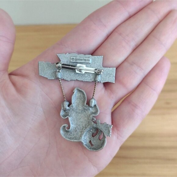 Vintage Spoontiques Signed Halloween Pin Pewter Ghost On Swing Pumpkin - Picture 2 of 4